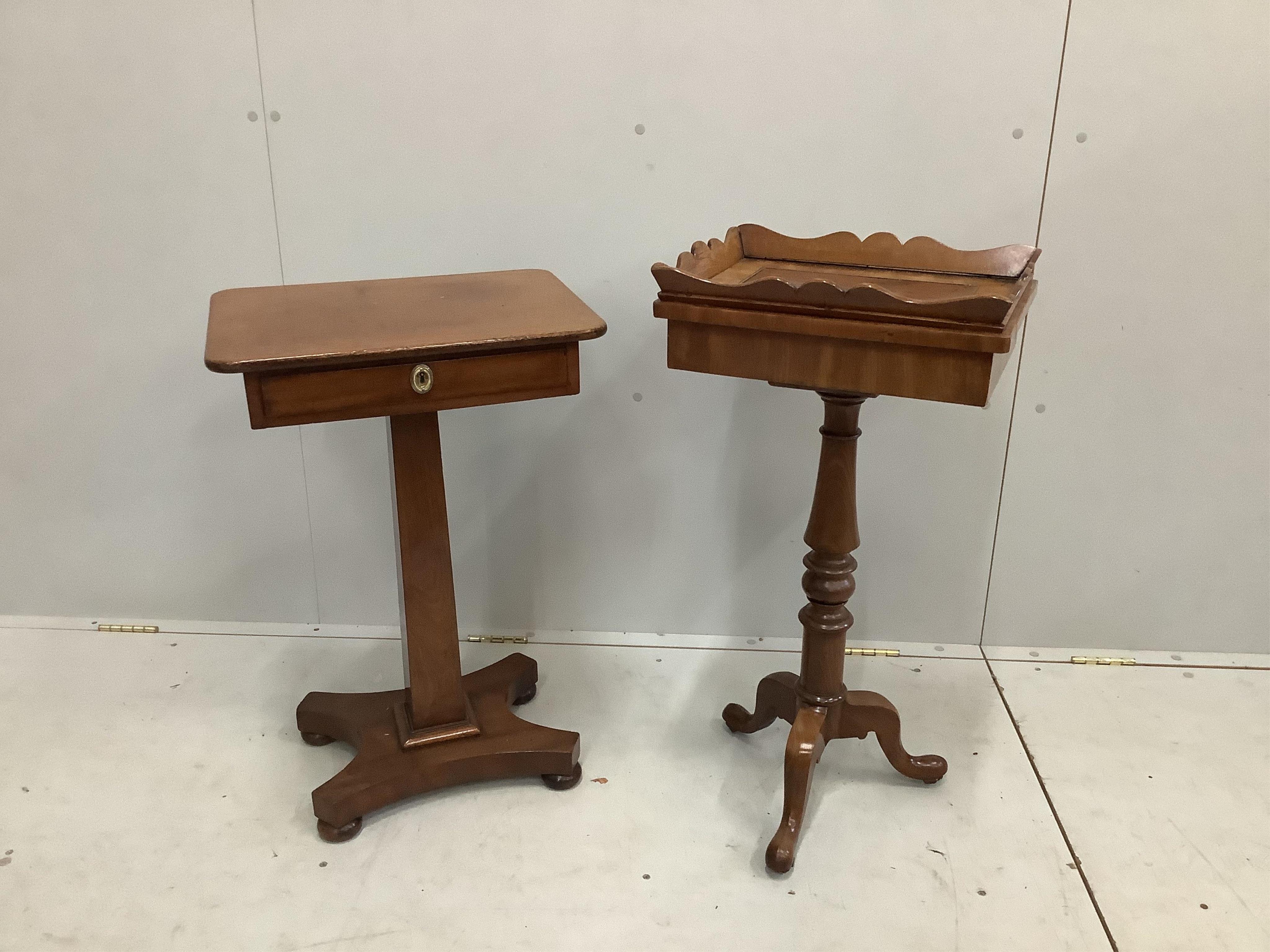An early Victorian rectangular mahogany side table, width 47cm, depth 36cm, height 71cm, together with a Victorian and later rectangular occasional table. Condition - fair